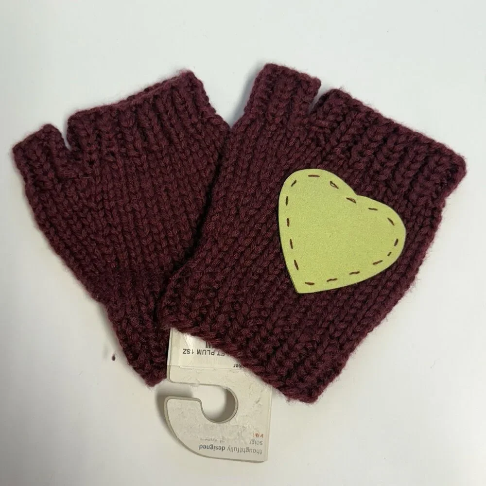 Pistil Wool Blend Stitched Heart Fingerless Gloves Handwear Gants Plum New